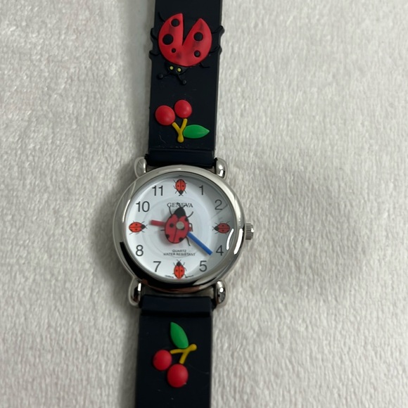 Geneva Quartz Girls Ladybug with Cherries Black Wrist Watch Water Resistant - Picture 1 of 14